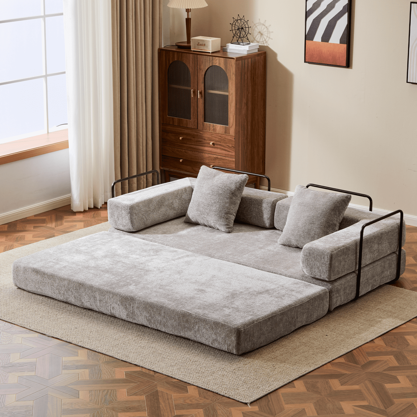 Convertible Sleeper Sofa Bed with Pillows, Chenille Folding Mattress Couch with Fixed-Shape Frame, Floor Sofa Bed Couch for Living Room Bedroom Lounge,Light Gray+Chenille