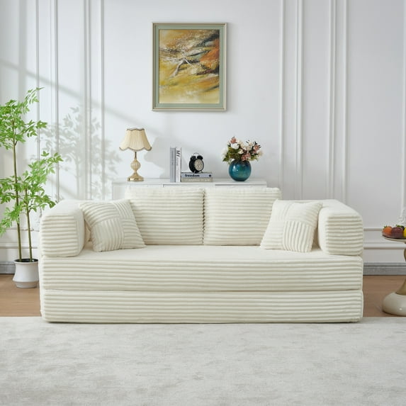 Convertible Sleeper Sofa Bed - Soft Corduroy Folding Mattress Couch with Cylindrical Pillow - Versatile 2 Seat Floor Sofa Lounge for Living Room, Bedroom, and Studio - Elegant Ivory Design for Maximu