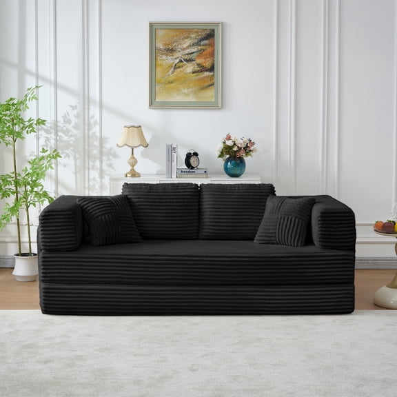 Convertible Sleeper Sofa Bed - Soft Corduroy Folding Mattress Couch with Cylindrical Pillow - Versatile 2 Seat Floor Sofa Lounge for Living Room, Bedroom, and Studio - Elegant Ivory Design for Maximu