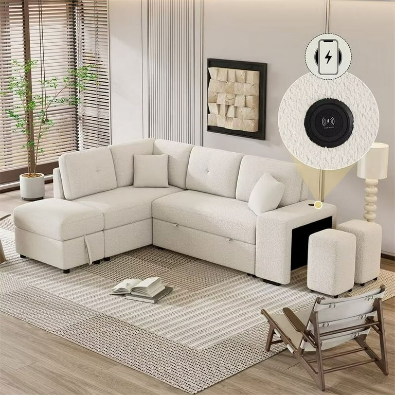 Convertible Sectional Sofa Pull Out Sofa Bed with Storage Ottoman and Two Hidden USB Ports Lounge Sofa for Living Room Cream