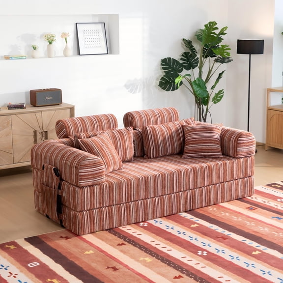 Convertible Sleeper Sofa Bed Terracotta Red Stripe, High-Density Compressed Sponge, Foldable Multi-Functional Upholstered Couch for Living Room, Hotel, Apartment