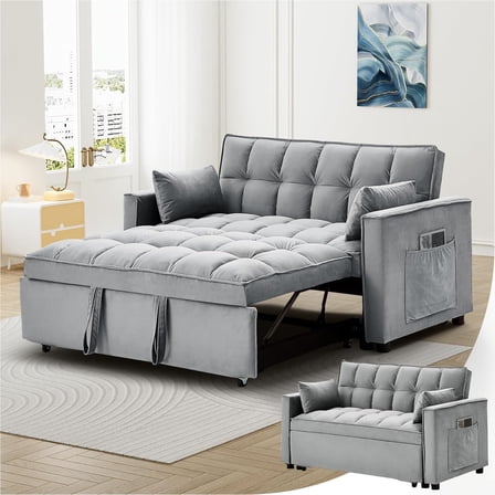 Convertible Sleeper Sofa Bed, Velvet Pull Out Couch Bed,3-in-1 Convertible Upholstered Loveseat Sofa,Velvet Futon Couch with Adjustable Backrest for Living Room,Light Grey