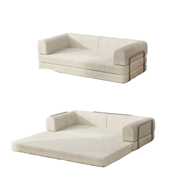 Convertible Sleeper Sofa Bed with Fixed Frame - Corduroy Fabric and High-Density Sponge, Beige