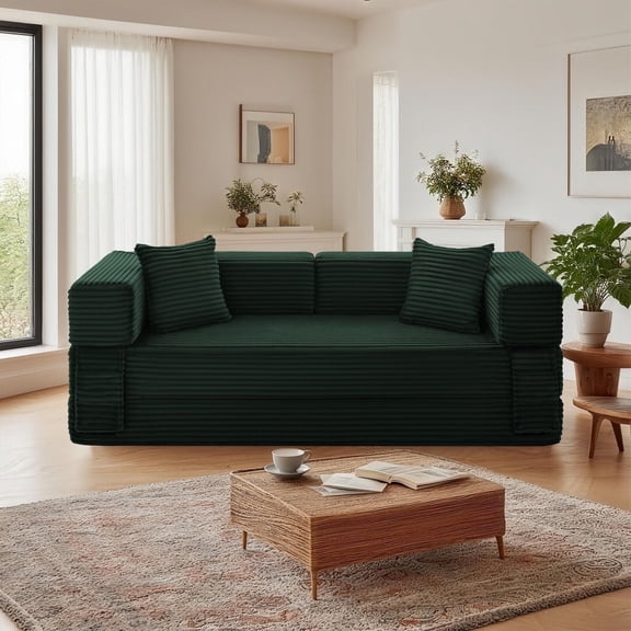 BMMB Convertible Foldable Sleeper Sofa Bed,Boneless Couch Corduroy Compression Sofa for Living Room & Bedroom,Dark Green