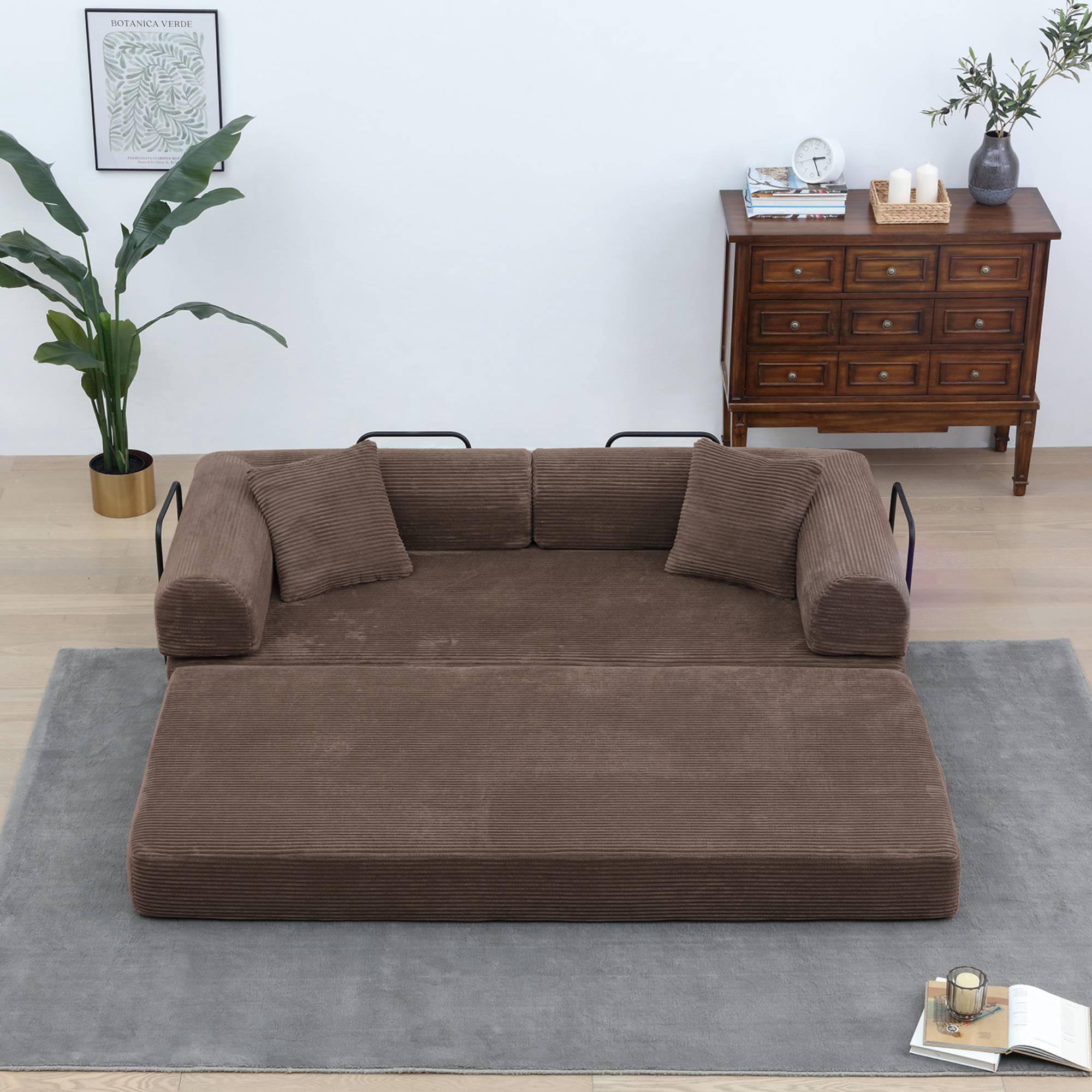 Convertible Sleeper Sofa Bed with Pillow, Corduroy Folding Mattress Floor Sofa Lounge Couch for Living Room, Bedroom, Brown