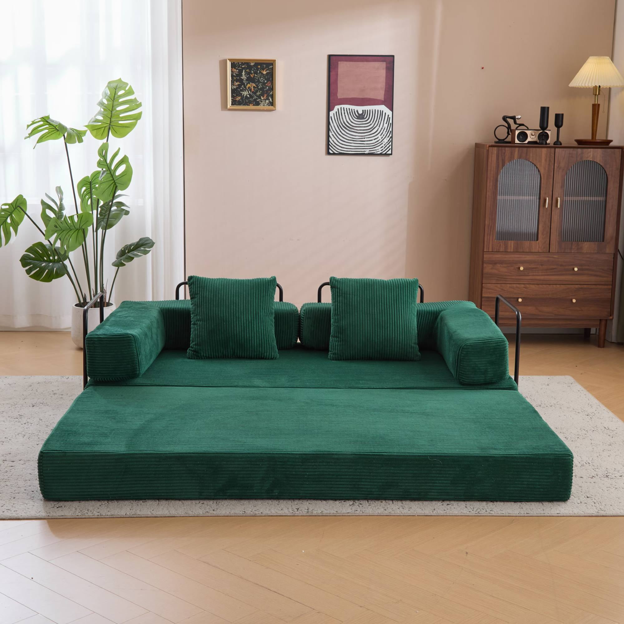 Convertible Sleeper Sofa Bed with Pillow, Corduroy Folding Mattress Floor Sofa Lounge Couch for Living Room, Bedroom, Green