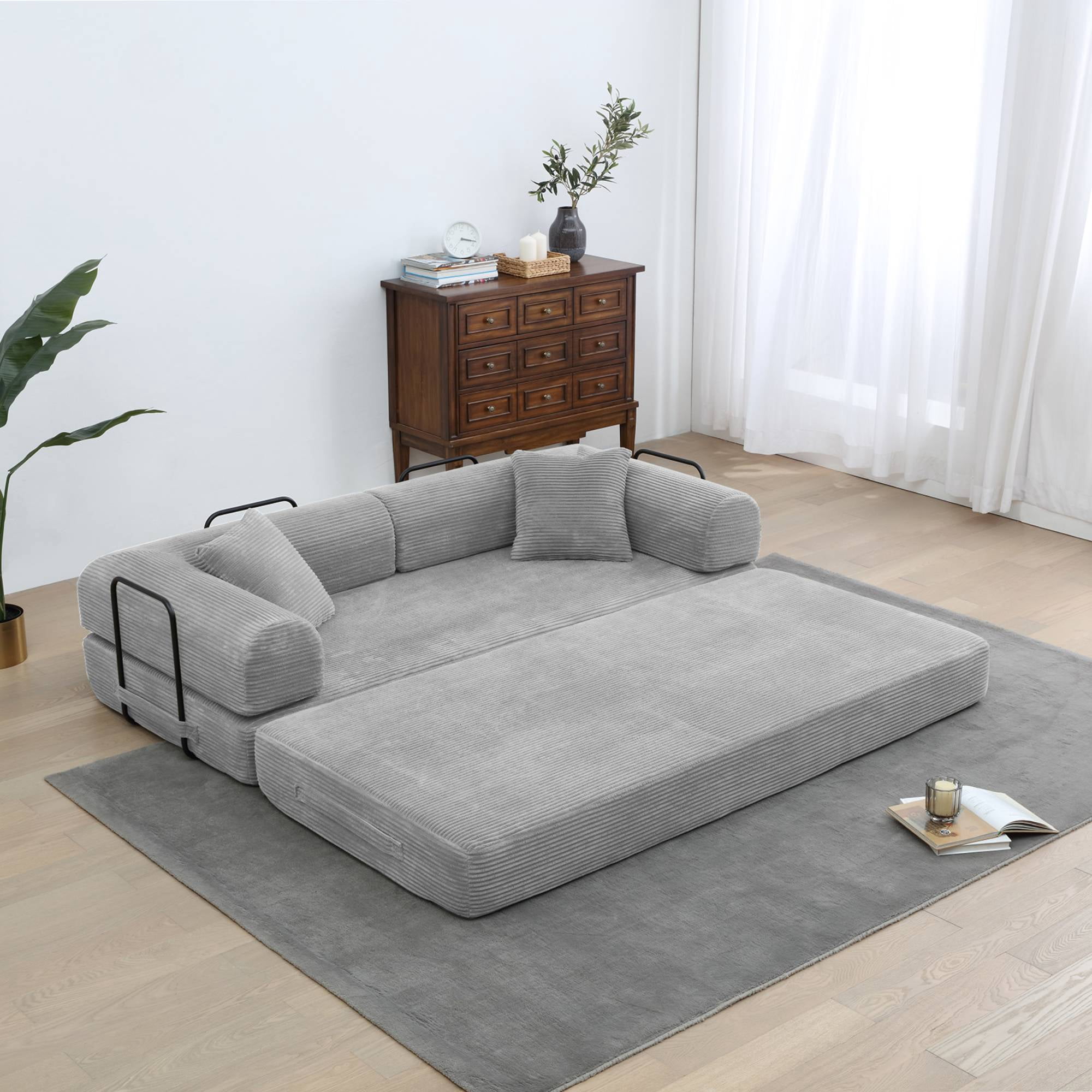 Convertible Sleeper Sofa Bed with Pillow, Corduroy Folding Mattress Floor Sofa Lounge Couch for Living Room, Bedroom, Light Grey