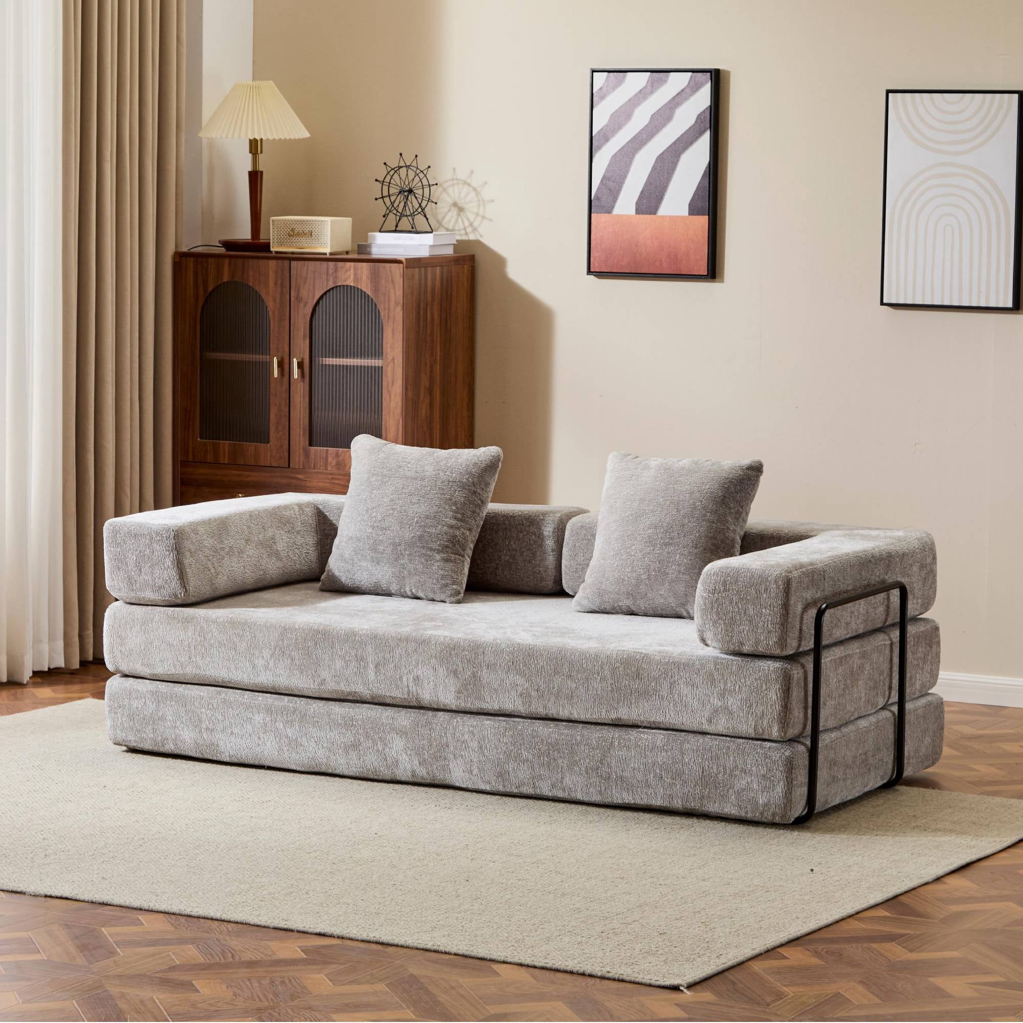 Convertible Sleeper Sofa Bed with Pillow, Corduroy Folding Mattress Floor Sofa Lounge Couch for Living Room, Bedroom, Light Grey