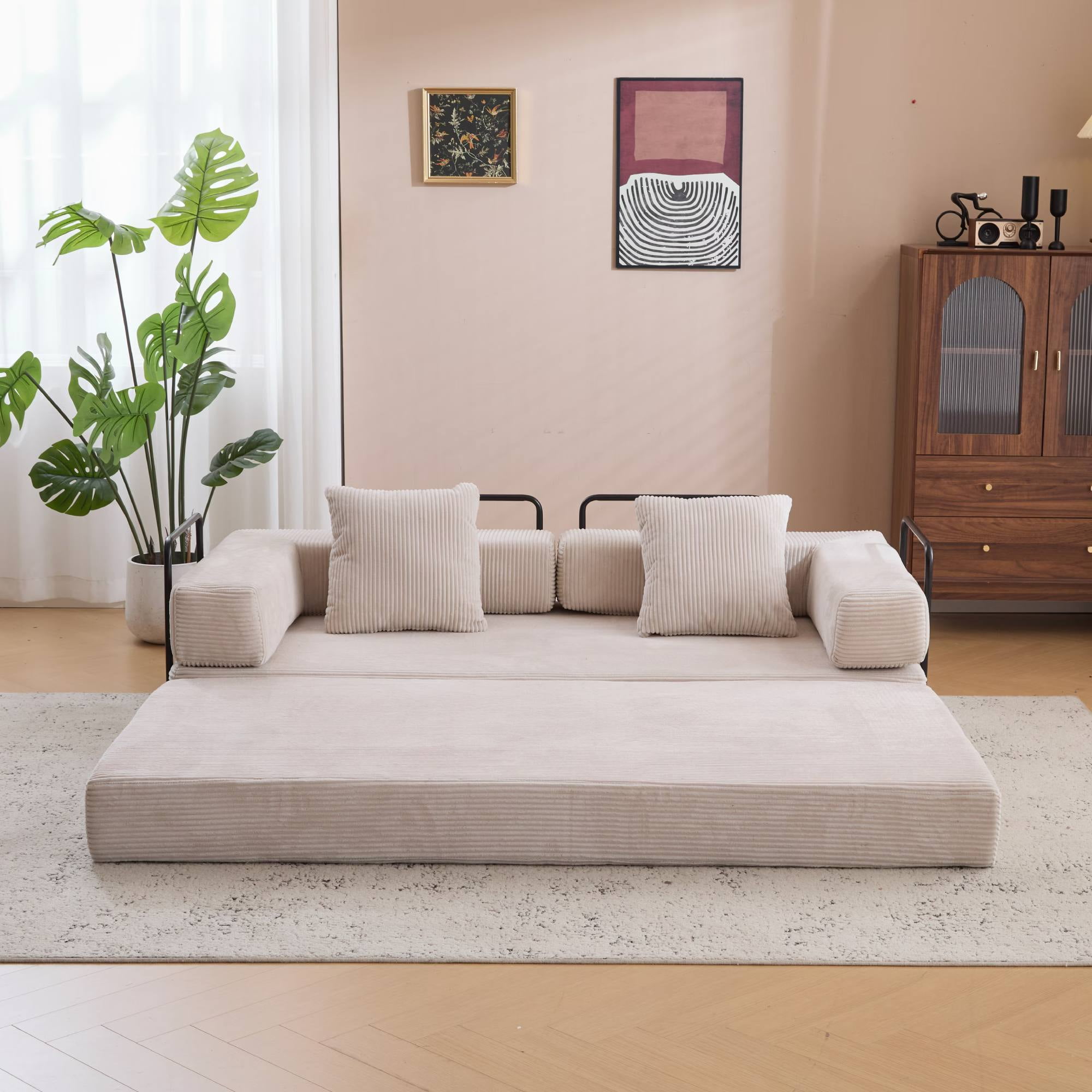 Convertible Sleeper Sofa Bed with Pillow, Corduroy Folding Mattress Floor Sofa Lounge Couch for Living Room, Bedroom, Light Grey