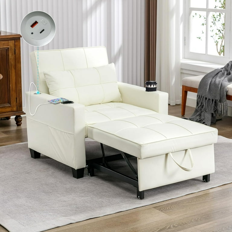 Convertible Sleeper Sofa Chair Bed 3 in 1 Multi Functional Pull Out Sleeper Chair Beds Faux Leather Futon Sofa Bed with Side Pocket 2 Cup