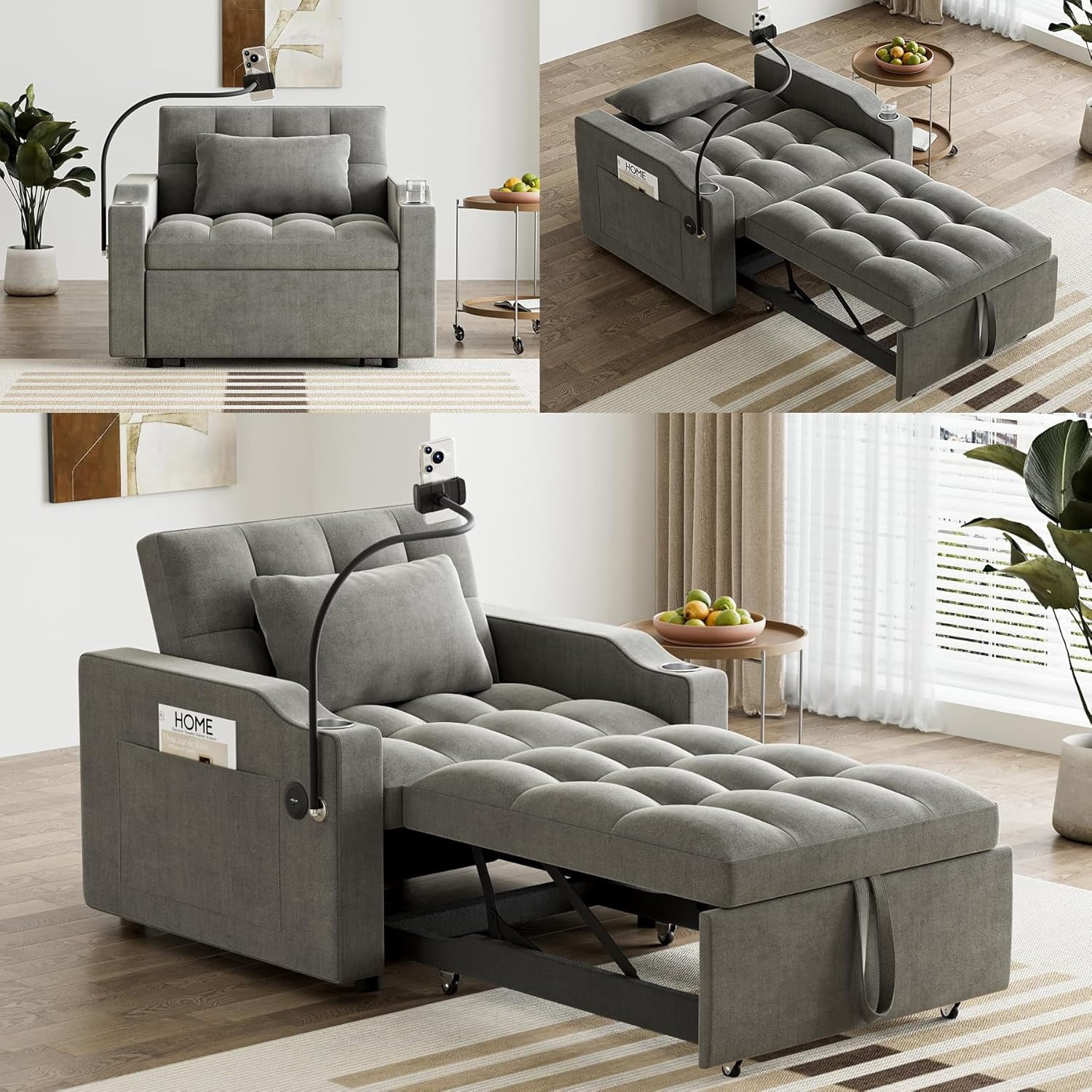 Convertible Sleeper Sofa Chair Bed with USB Port & Cup/Phone Holder, 3 ...
