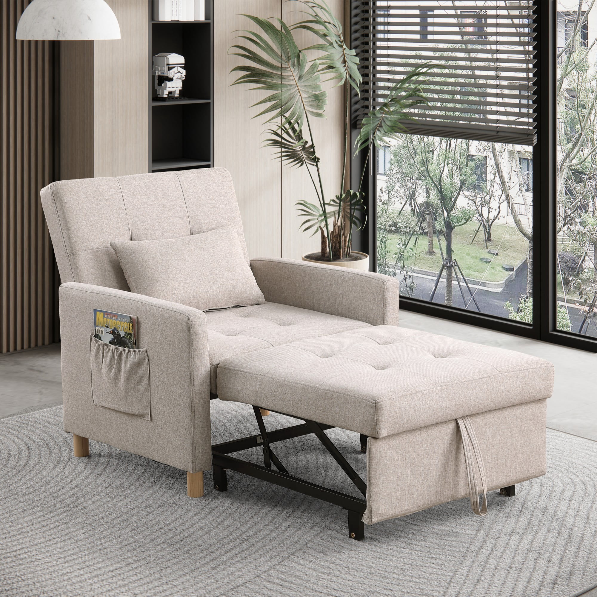Convertible Sleeper Sofa Chair Bed with Pillow,Multi-Functional Sleeper Chair,Pull-Out Sofa Bed for Small Spaces,Living Room,Bedroom,Beige