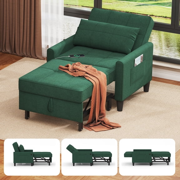 Convertible Sleeper Sofa Chair Bed with USB Adjustable Backrest for Small Space Living Room Bedroom Apartment,Green