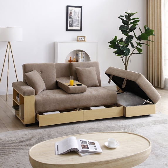 Convertible Sleeper Sofa Couch with Drop Down Table with 2Cup Holders, Multifunctional Double Folding Sofa Bed with Storage Ottoman and Sofa arm with box and drawer for Living room, Apartment, Brown