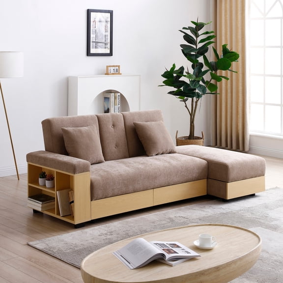 Convertible Sleeper Sofa Couch,Multifunctional Double Folding Sofa Bed,Storage Ottoman and Sofa Arm with Box and Drawer, Drop Down Table with 2Cup Holders for Living Room,Apartment,Office (Brown)