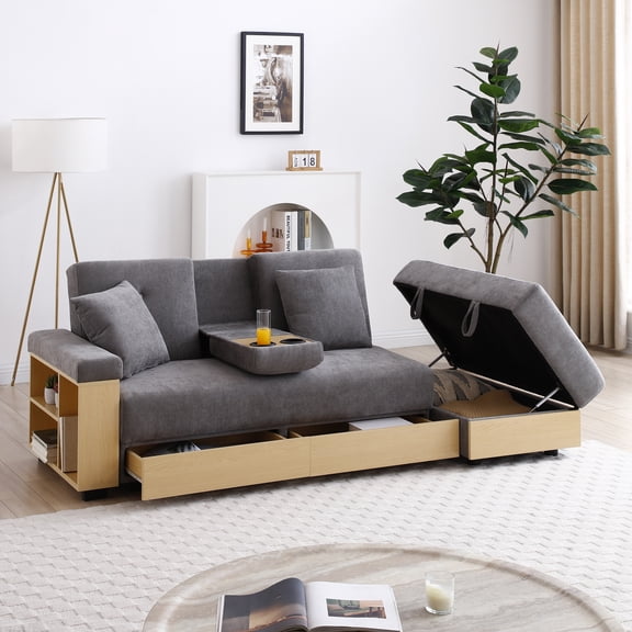 Convertible Sleeper Sofa Couch,Multifunctional Double Folding Sofa Bed,Storage Ottoman and Sofa arm with box and drawer, Drop Down Table with 2Cup Holders for Living room,Apartment,Office,Grey