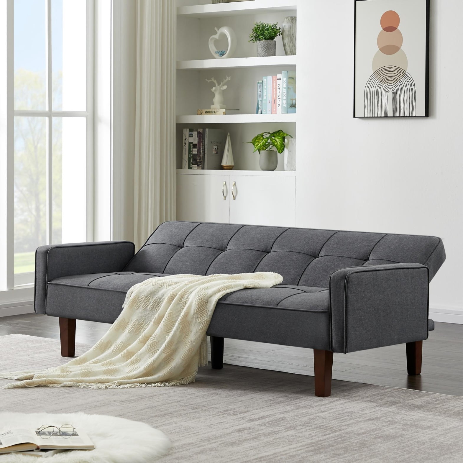 Convertible Sleeper Sofa, Linen Sofa Bed with Arms, Solid Wood Feet and ...