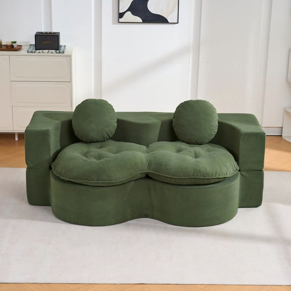 Convertible Sleeper Sofa – Modern Folding Futon, Corduroy Floor Foam Loveseat, Full-Size Guest Bed with 2 Pillows – Space-Saving for Apartment, Living Room, Bedroom