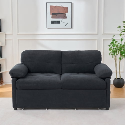 Convertible Sleeper Sofa, Queen Size Pull-Out Sofa Bed, 3-in-1 Chenille Loveseat with Side Storage & Casters for Living Room, Apartment, Black