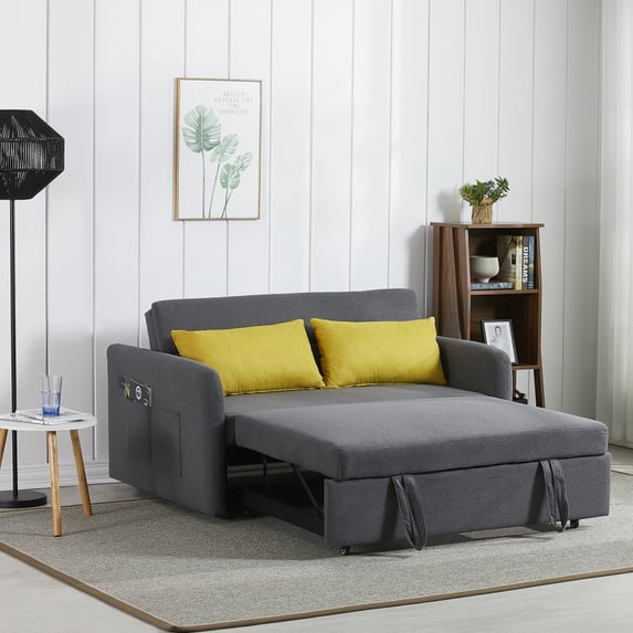 Convertible Sleeper Sofa with Pull Out Bed, Upholstered Loveseat Sofa with USB Socket, Side Pockets and Adjustable Backrest