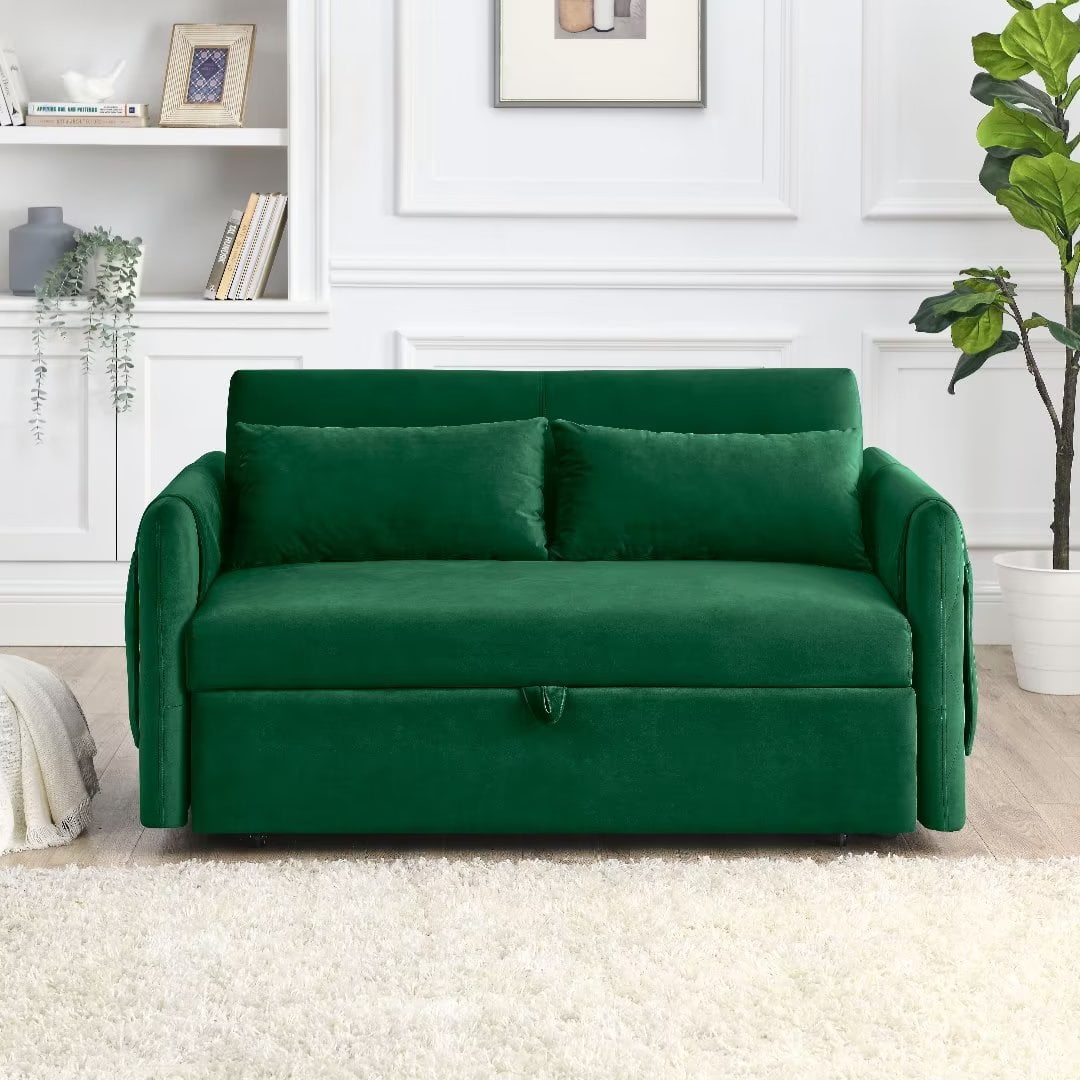 Convertible Sleeper Sofa with Pull Out Bed,Velvet Loveseat Sofa with 2 Detachable Arm Pockets