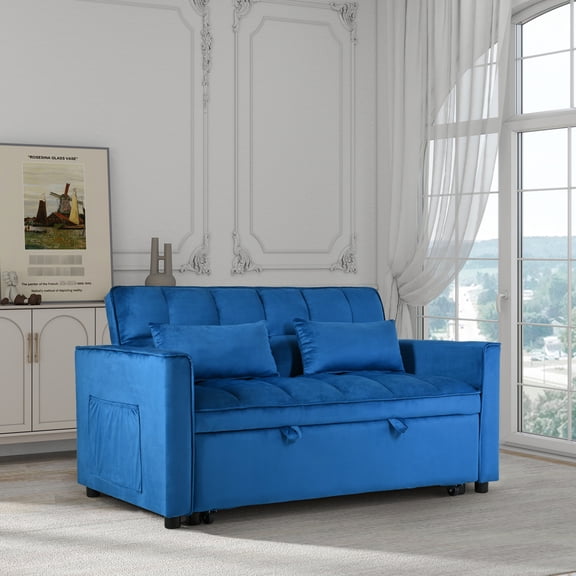 Convertible Sleeper With Adjustable , Soft Velvet Upholstery, Blue Full Couch, Wood Construction