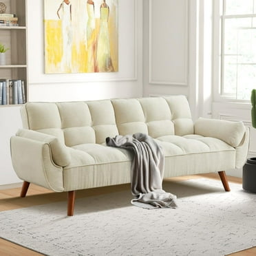 Mydepot Convertible Futon Sofa Bed, Adjustable Couch Sleeper Modern Fabric Recliner Reversible Loveseat Folding Daybed Guest Bed, Armrests, Beige