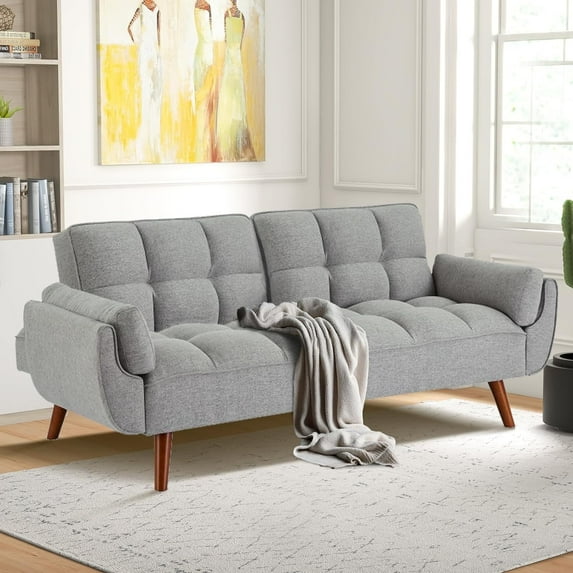 Mydepot Convertible Futon Sofa Bed, Adjustable Couch Sleeper Modern Fabric Recliner Reversible Loveseat Folding Daybed Guest Bed, Armrests, Gray