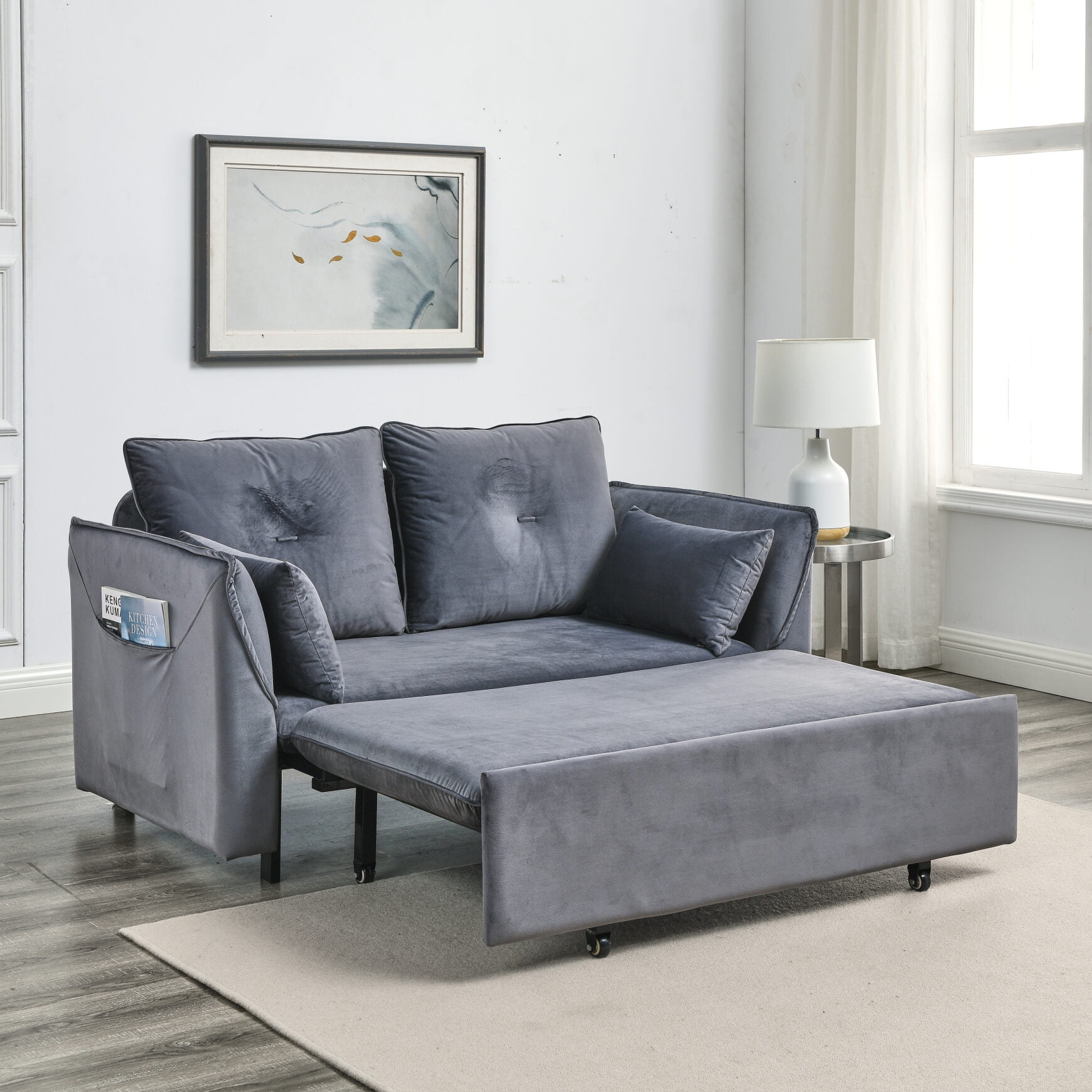 Convertible Sofa Bed with 2 Detachable Arm Pockets, Upholstered Velvet