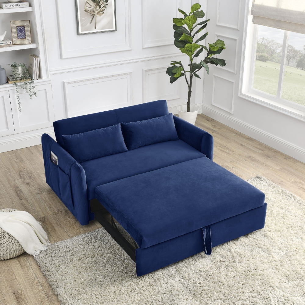 Convertible Sofa Bed with 2 Detachable Arm Pockets, Velvet Loveseat Sofa with Pull Out Bed, 2
