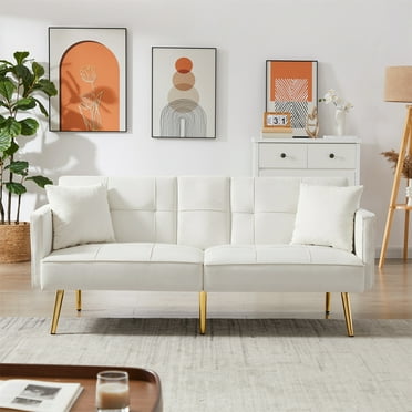 Convertible Sofa Bed with 2 Pillows, 69 Inch Velvet Tufted Upholstered Accent Sofa with Adjustable Backrest Modern Loveseat Sofa with Metal Feet Folding Futon Sofa Bed for Living Room, Beige
