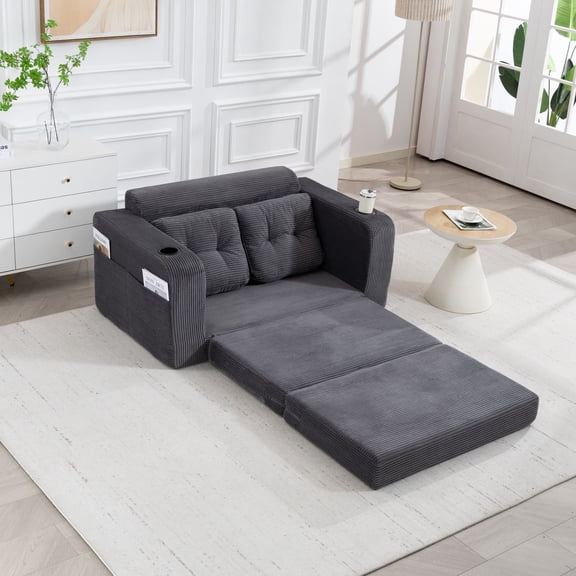 Convertible Sofa Bed, 2 in 1 Fold Out Floor Couch with Pillows, Memory Foam, Corduroy, Space-Saving Seating for Living Room, Gray