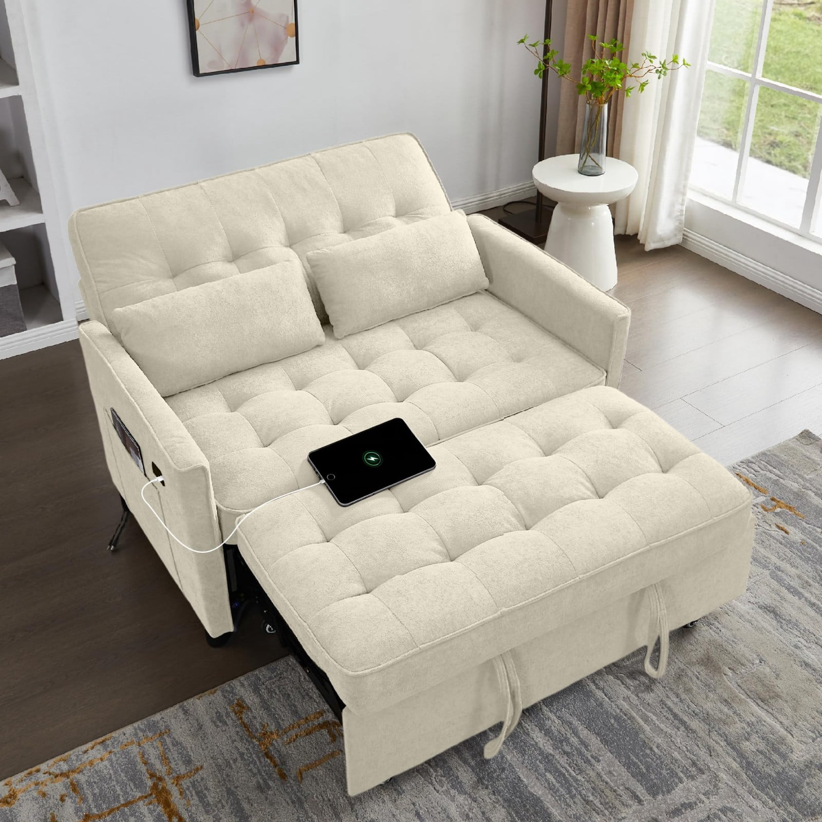 Convertible Sofa Bed, 3 in 1 Pull Out Couch Loveseat Sleeper with USB Charging Port, Adjustable Backrest, Side Pocket, Fabric Couch for Living Room Apartment, Beige