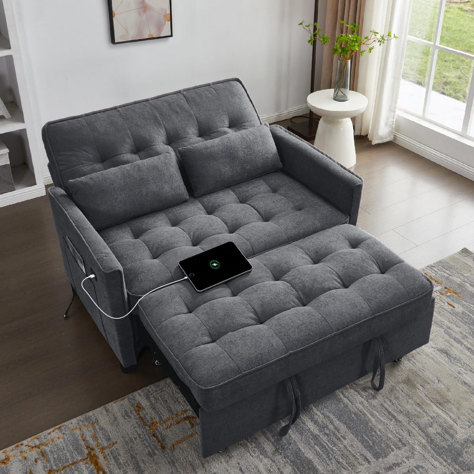 Convertible Sofa Bed, 3 in 1 Pull Out Couch Loveseat Sleeper with USB Charging Port, Adjustable Backrest, Side Pocket, Fabric Couch for Living Room Apartment, Black