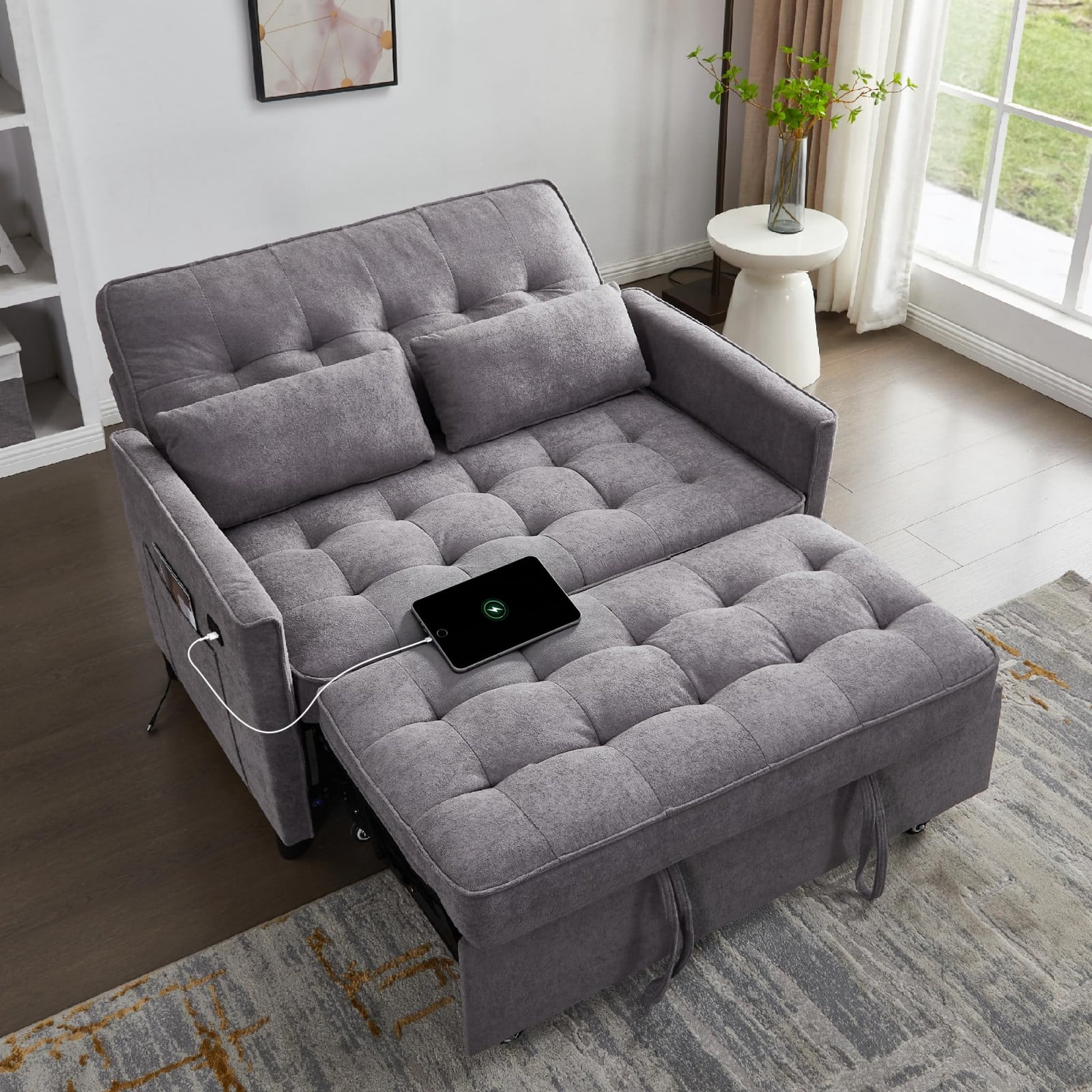 Convertible Sofa Bed, 3 in 1 Pull Out Couch Loveseat Sleeper with USB Charging Port, Adjustable Backrest, Side Pocket, Fabric Couch for Living Room Apartment, Gray