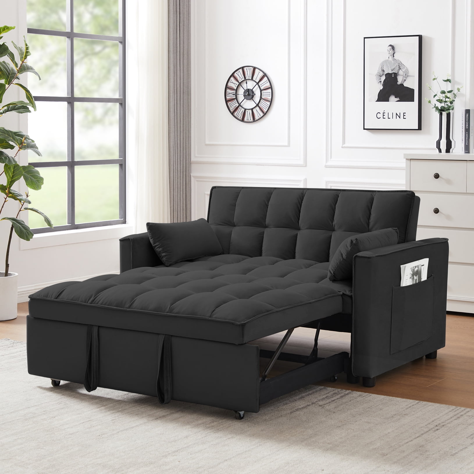 3 In 1 Convertible Sleeper Sofa Bed, Adjustable Backrest, Nailhead Trim Pull Out Scroll Arms Wood Frame Upholstered 2 Pillows Living Room Office