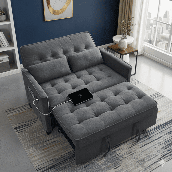 55inch Sleeper Sofa Bed, Convertible Pull Out Couch Loveseat with Adjustable Backrest, USB Charging Ports & Side Pocket, Towel Fabric Loveseat Sofa for Apartment, Bedroom & Living Room (Dark Gray)