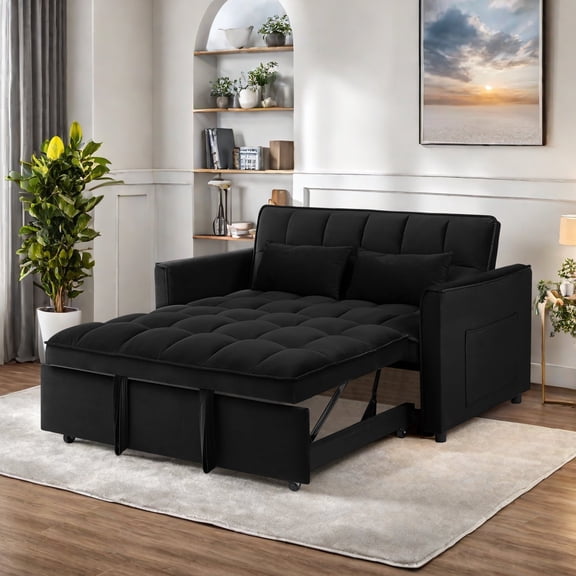 Convertible Sofa Bed,3-in-1 Sleeper Sofa with Pull Out Bed,Sleeper Futon Couch Loveseat with Adjsutable Backrest and Pillows for Living Room,Black