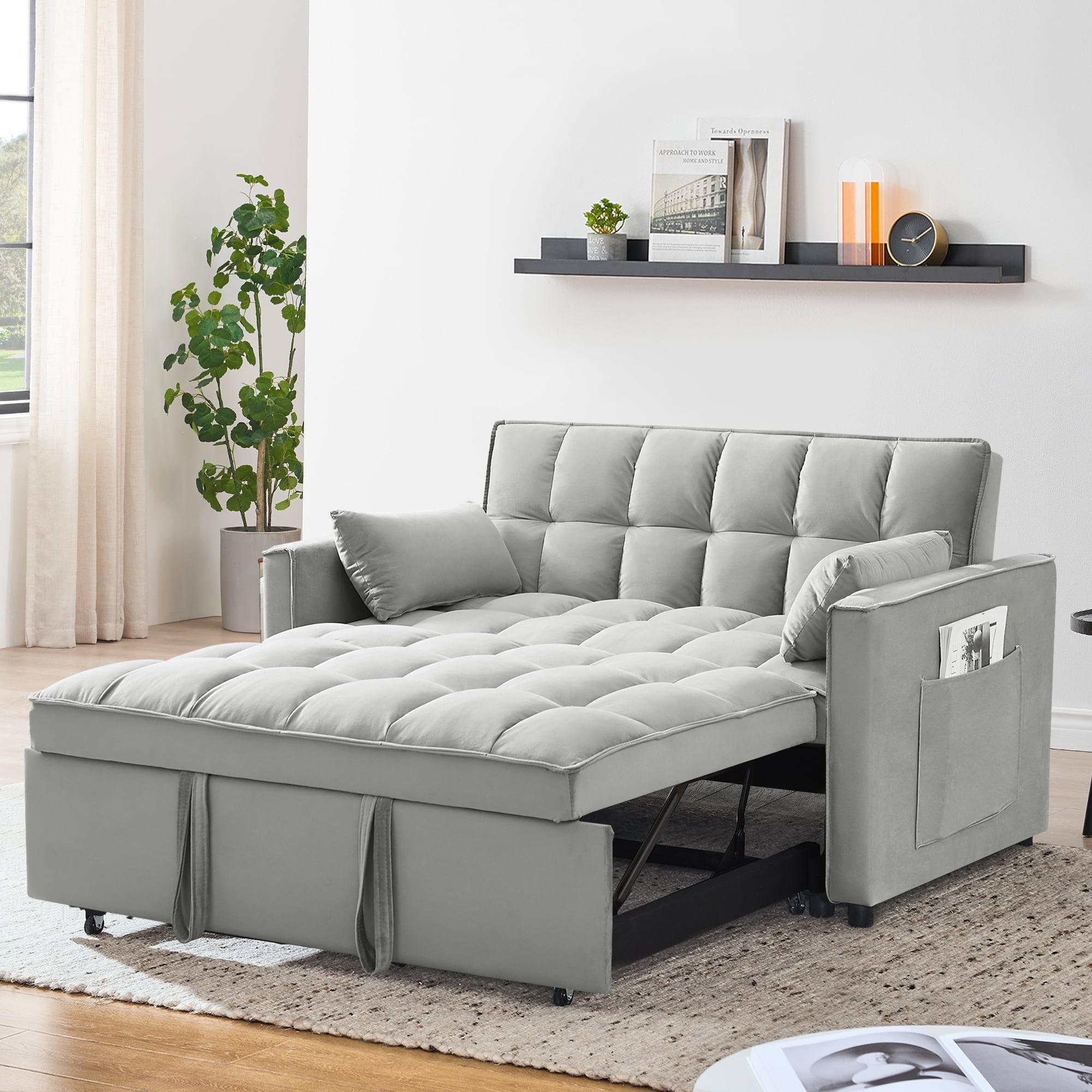 Leumius Convertible Sofa Bed,3-in-1 Sleeper Sofa with Pull Out Bed,Sleeper Futon Couch Loveseat with Adjsutable Backrest and Pillows for Living Room,Gray