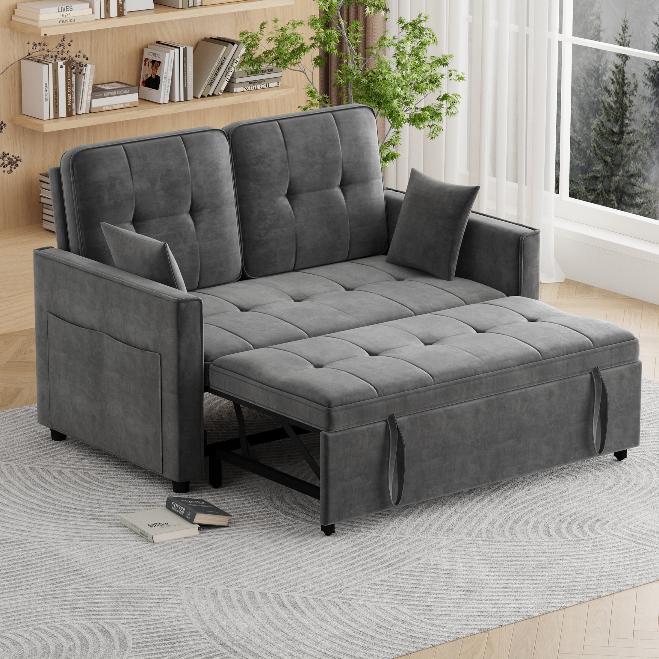 Convertible Sofa Bed,3-in-1 Sleeper Sofa with Pull Out Bed,Velvet Couch with Adjsutable Backrest and 2 Pillows for Living Room,Gray