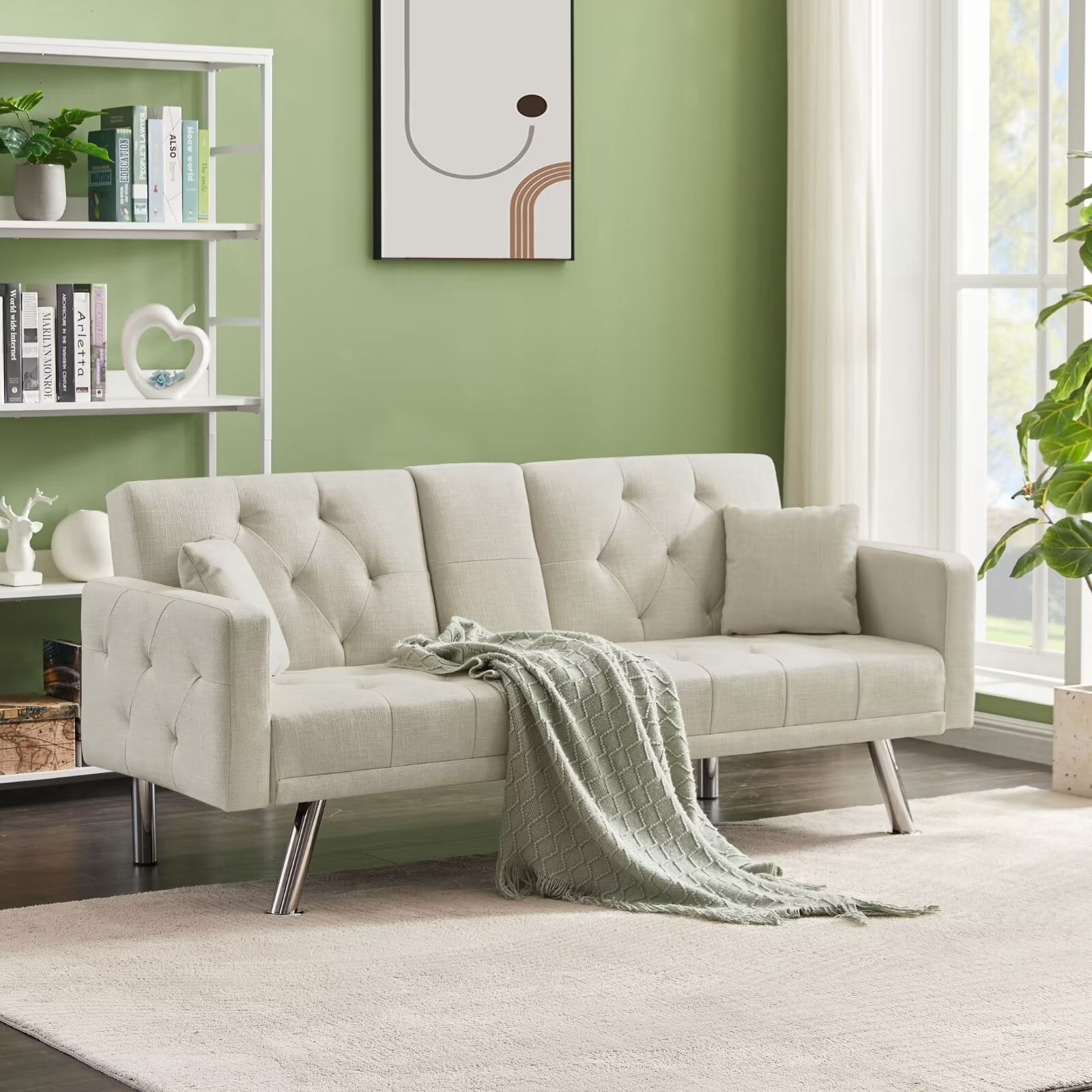 Convertible Sofa Bed, 75 Inch Linen Fabric Tufted Upholstered Accent