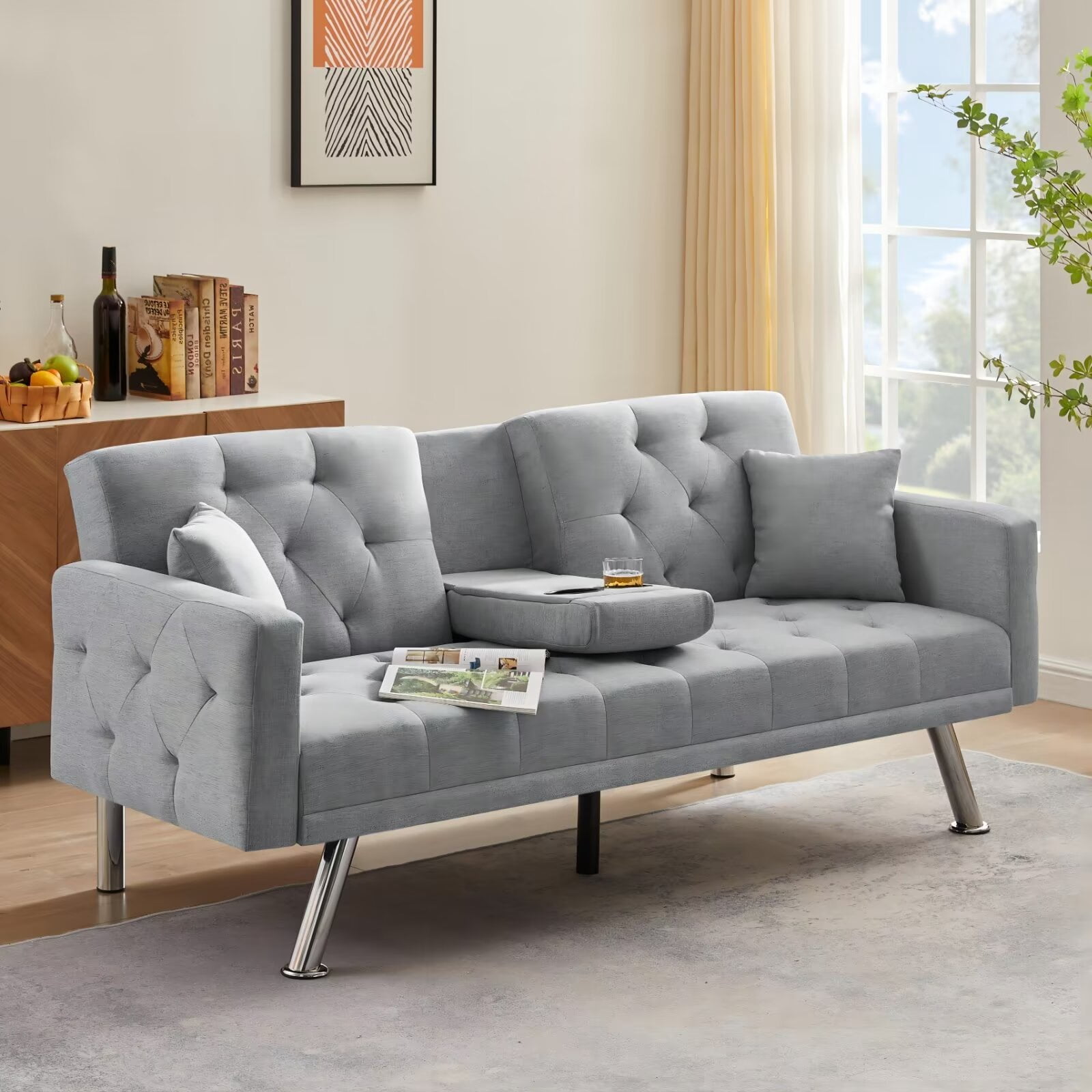 Convertible Sofa Bed, 75 Inch Linen Fabric Tufted Upholstered Accent