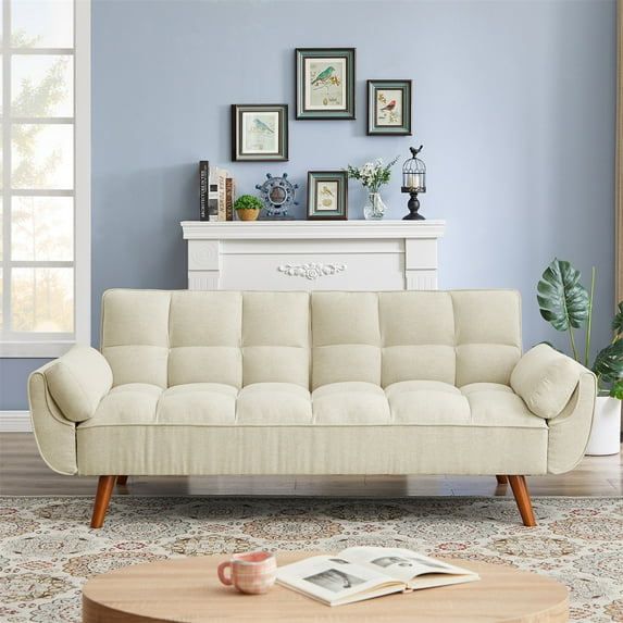 Convertible Sofa Bed, 75 Inches Linen Fabric Upholstered Accent Sofa Loveseat with Adjustable Back and Wood Legs, Folding Futon Sofa Bed Sleeper Couch Daybed for Living Room, Beige