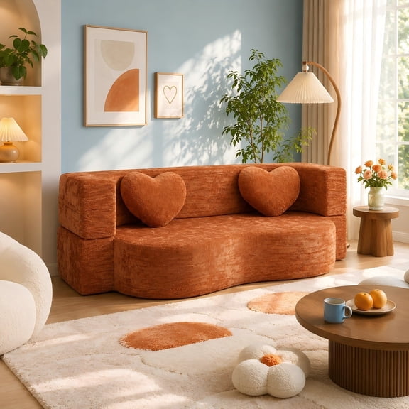 Convertible Sofa Bed, 78.74" Burnt Orange Sponge Couch with Pillows for Living Room