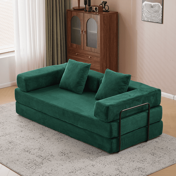 Convertible Sofa Bed, 78 Inch Oversized Corduroy Boneless Couch, Floor Mattress Sleeper Sofa Couch with Pull Out Bed for Living Room, Bedroom, Green