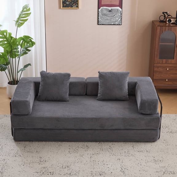 Convertible Sofa Bed, 78 Inch Oversized Corduroy Boneless Couch, Floor Mattress Sleeper Sofa Couch with Pull Out Bed for Living Room, Bedroom, Grey