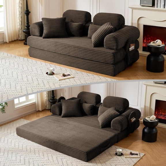 Convertible Sofa Bed, 79'' Foldable Sleeper Lounge Modular Couch Comfort Compression Sofa Loveseat For Small Spaces Comfort For Apartment Bedroom, Brown1