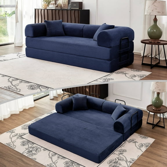 79" 5-in-1 Convertible Sofa Bed with Memory Foam - No Assembly Required, Foldable Sleeper Couch for Small Spaces, Blue