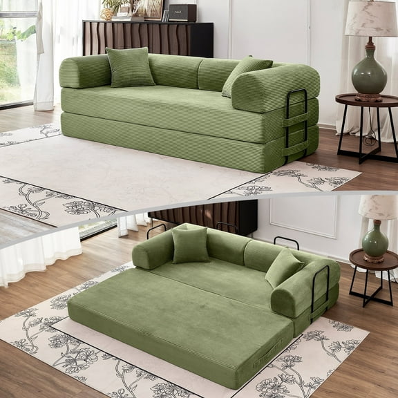 5-in-1 Convertible Sofa Bed, 79'' No Assembly Corduroy Sleeper Couch with Wide Armrests and Fixed Frame, Foldable Lounge, Light Green