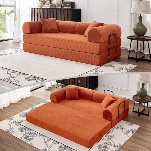 Linshora Convertible Sofa Bed,79'' Foldable Sleeper Lounge Modular Couch Comfort Compression Sofa Loveseat For Small Spaces Comfort, Orange